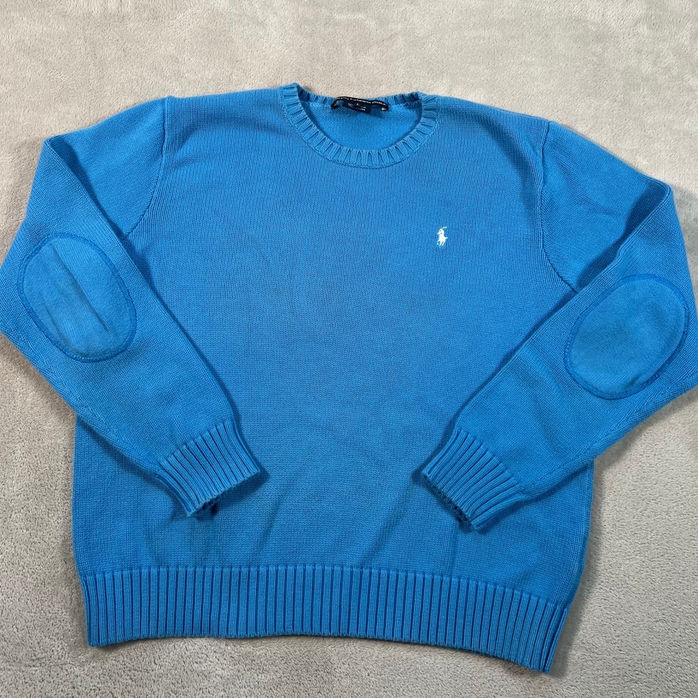 Ralph Lauren Golf Crewneck Sweater Women's Size Large Blue Cotton Elbow Patches